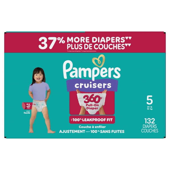 Pampers Couches Cruisers 360° - Taille 5, Protection Anti-Fuites jusqu'à 100 %, Conçues pour les Bébés Actifs, Faciles à Enfiler, Attaches EZ-OFF pour un Changement Facile