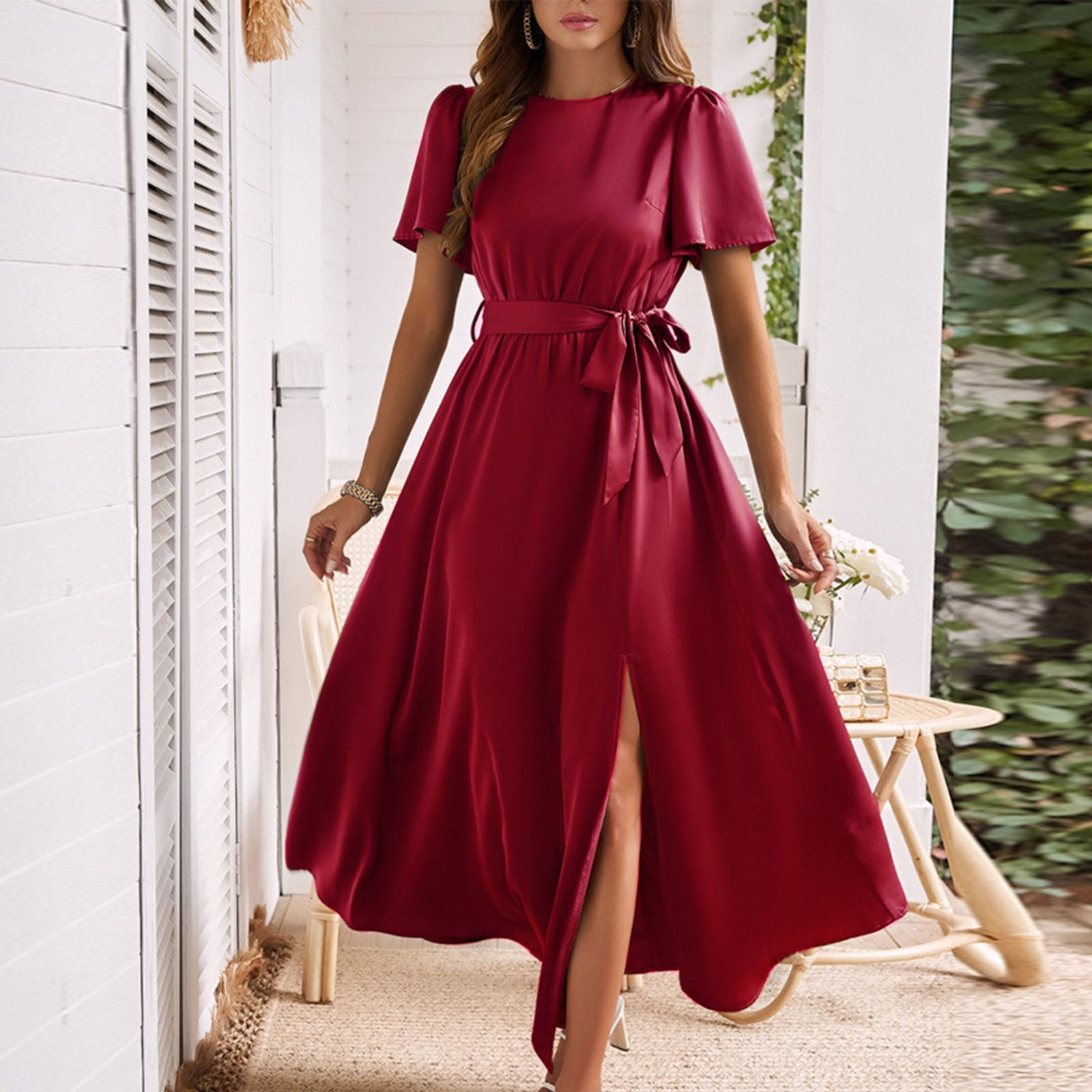 Pisexur Short Sleeve V-Neck Ankle Dress Women's Fashion Solid Color Short Sleeve V-Neck Frenum Dresses Women Dresses