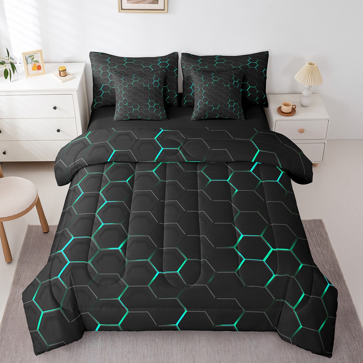 YST Blue Green Honeycomb Print Bed in a Bag Modern Abstract Bedding Set, King Size (7 Count)