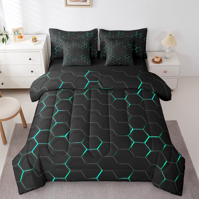 YST Ensemble de Literie 7 Pcs Bleu Vert à Motif Nid d'Abeilles, Moderne Abstrait, Couette et Draps, Format Double (7 Unités)