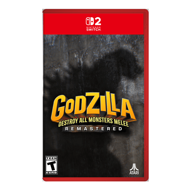 Godzilla Destroy All Monsters Remastered (Nintendo Switch 2) - ENGLISH ONLY PACKAGING Front-facing boxed cover showing remastered kaiju arena fighter art: central Godzilla mid-roar with other monsters, bold title text, city skyline with damaged skyscrapers, visible Nintendo Switch platform logo and U&I Entertainment publisher text; box highlights 12 kaiju, 8 locations, local co-op and online multiplayer, and is often used as a collectible display on shelves.