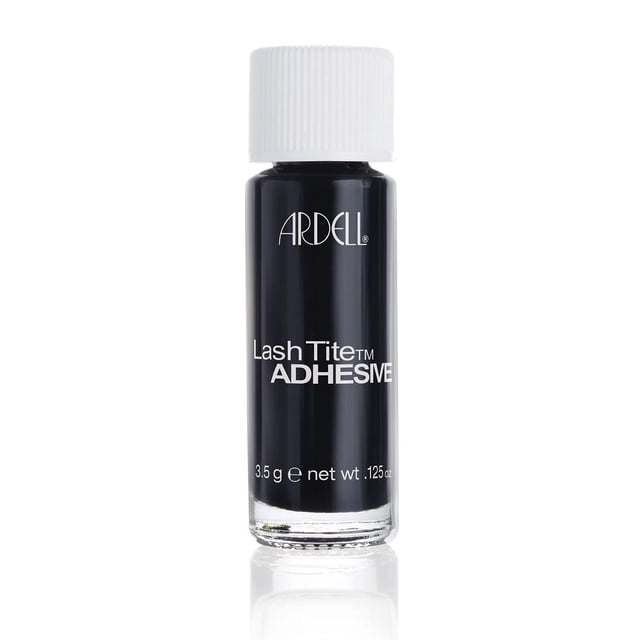 ARDELL LashTite Lash Adhesive For Individual Lashes in dark shade, shown in a 0.125 oz (3.5 g) bottle with a white ribbed cap. Designed for temporary use on strip lashes, this latex-based adhesive is easy to remove.