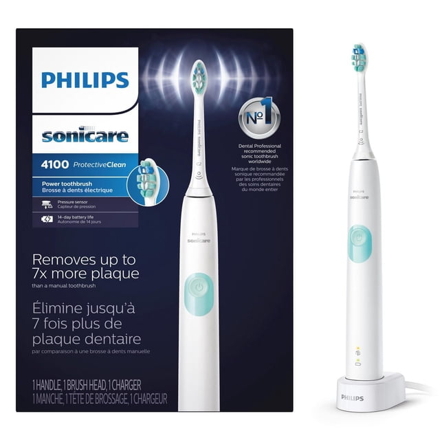 Philips Sonicare ProtectiveClean 4100 Plaque Control rechargeable electric toothbrush in white with a light blue power button and pressure sensor, featuring a brush head with densely packed bristles, charging base, and packaging highlighting up to 7x more plaque removal than manual toothbrushes and 14-day battery life for gentle, effective oral care.