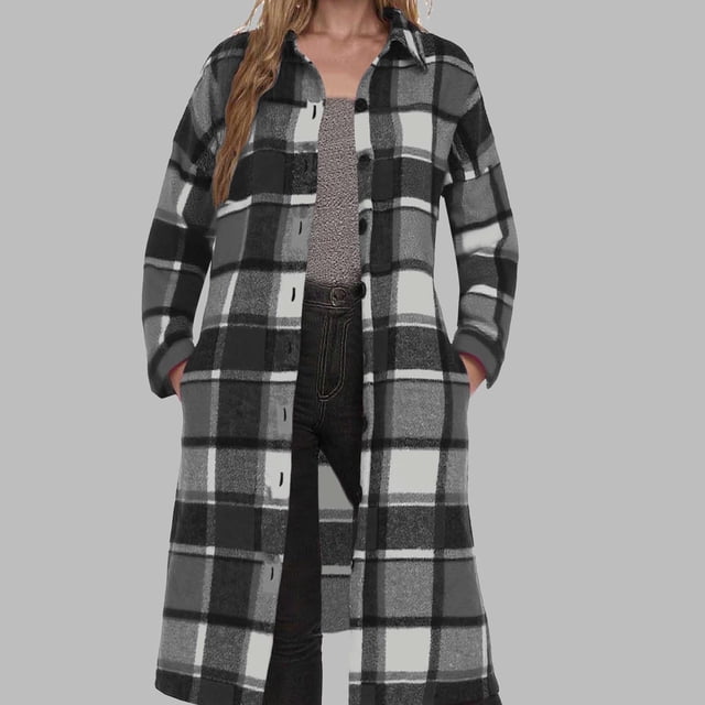 Women's Long Plaid Flannel Shirts Shacket Plus Size Long Sleeve Oversized Button Shirt Fall Spring Trench Coat with Pockets Black M