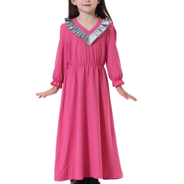 XZNGL Long Sleeve Dress for Girls Muslim Long Dress Medium Big Girls Long Sleeve V Neck Colorblock Dress Girls Long Sleeve Dress Girls Long Dress V Neck Dress