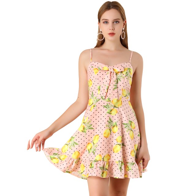 INSPIRE CHIC Robe à Pois Citron pour Femme à Bretelles Spaghetti avec Nœud