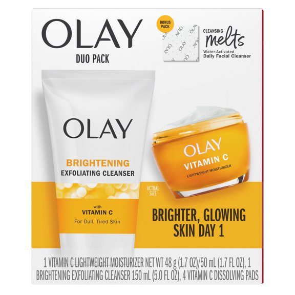 Emballage double Olay Vitamine C, nettoyant exfoliant illuminateur, 150 mL (5 oz liq.), hydratant léger 50 mL (1,7 oz liq.), 4 carrés de nettoyant fondant avec vitamine