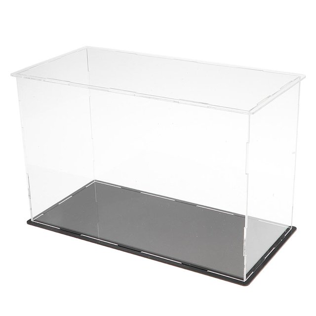 lionlar Acrylic Display Cases Dolls Vehicles Retail Protection Cube Case Boxes measuring 26x12x17cm. Transparent dustproof acrylic storage container with a black base, suitable for organizing and displaying action figures, doll models, car models, and collectibles. Requires assembly and includes a protective film to prevent scratches.