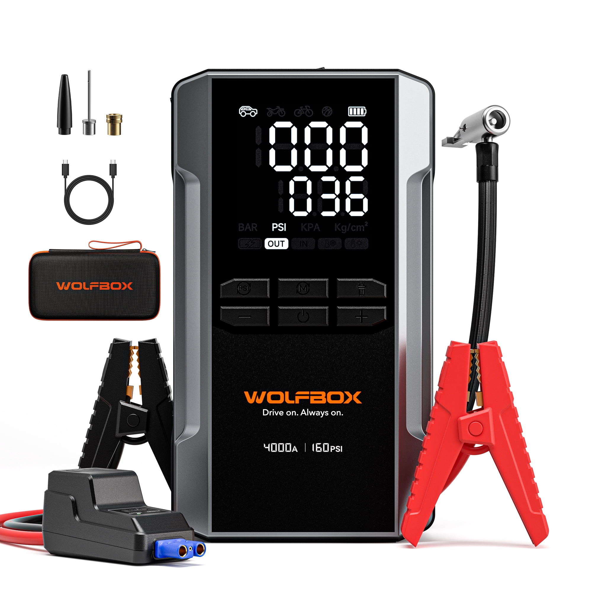 WOLFBOX 4000A Jump Starter with 160PSI Air Compressor,  65W Fast Charge, 24000mAh Portable Tire Inflator, LED Display for 10L Gas & Diesel Engines