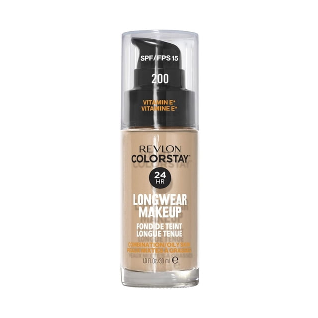 Revlon Colorstay™ Longwear Makeup Combo/Oily, 30mL pump bottle foundation in beige, formulated for combination to oily skin with SPF 15 and vitamin E, providing 24-hour oil control, transfer-resistant, waterproof, and mask-friendly wear ideal for daily use.