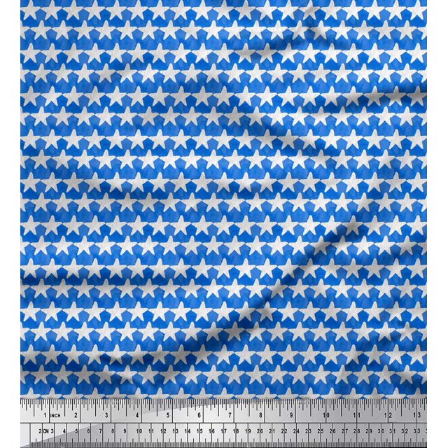 Soimoi Blue Rayon Crepe Fabric Texture & White Star Decor Fabric Printed Yard 46 Inch Wide