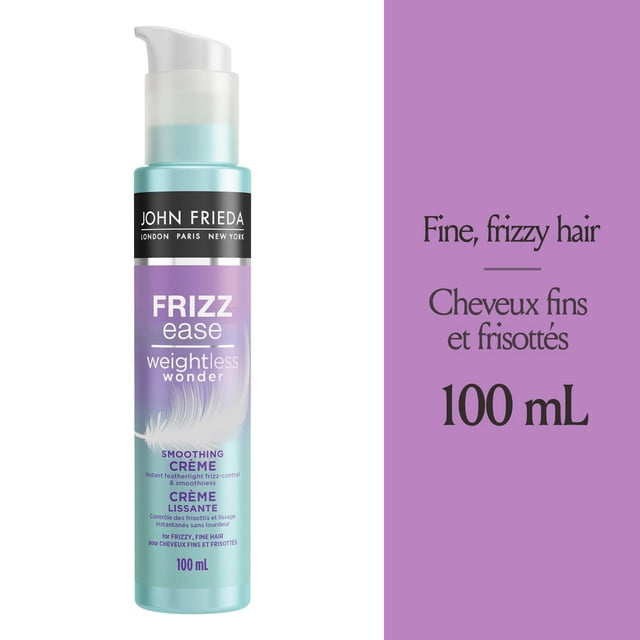 John Frieda Frizz Ease Crème Merveilleuse Légère en Bouteille turquoise de 100 ml avec Pompe Blanche et Étiquette Violette Mettant en Vedette une Plume, Conçue pour Lisser et Maîtriser les Cheveux Fins et Frisottés Sans les Alourdir, Convient aux Cheveux Colorés.