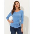 thumbnail image 3 of INSPIRE CHIC Women's Button Decor V Neck 3/4 Sleeve Ruch Top Light Blue S, 3 of 5