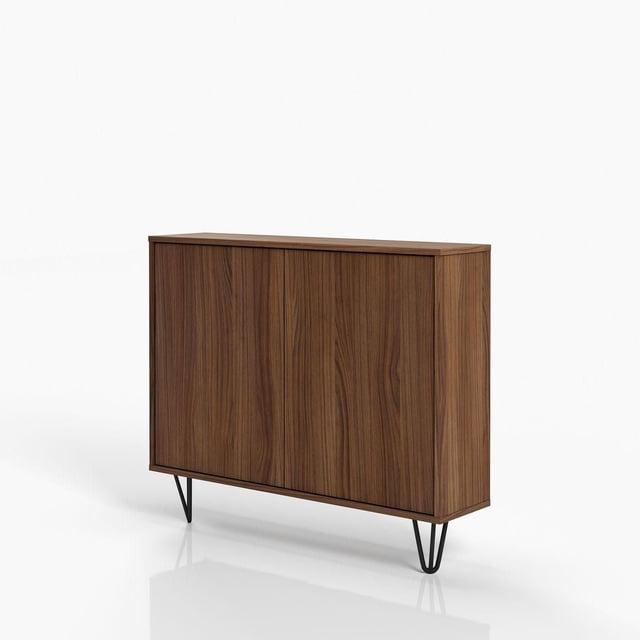 Nexera Slim 2-Door Storage Cabinet with wood grain finish and hairpin legs, measuring 39 in W x 9.25 in D x 32.5 in H, designed for office filing and storage with two internal shelves and a slim profile ideal for compact spaces.