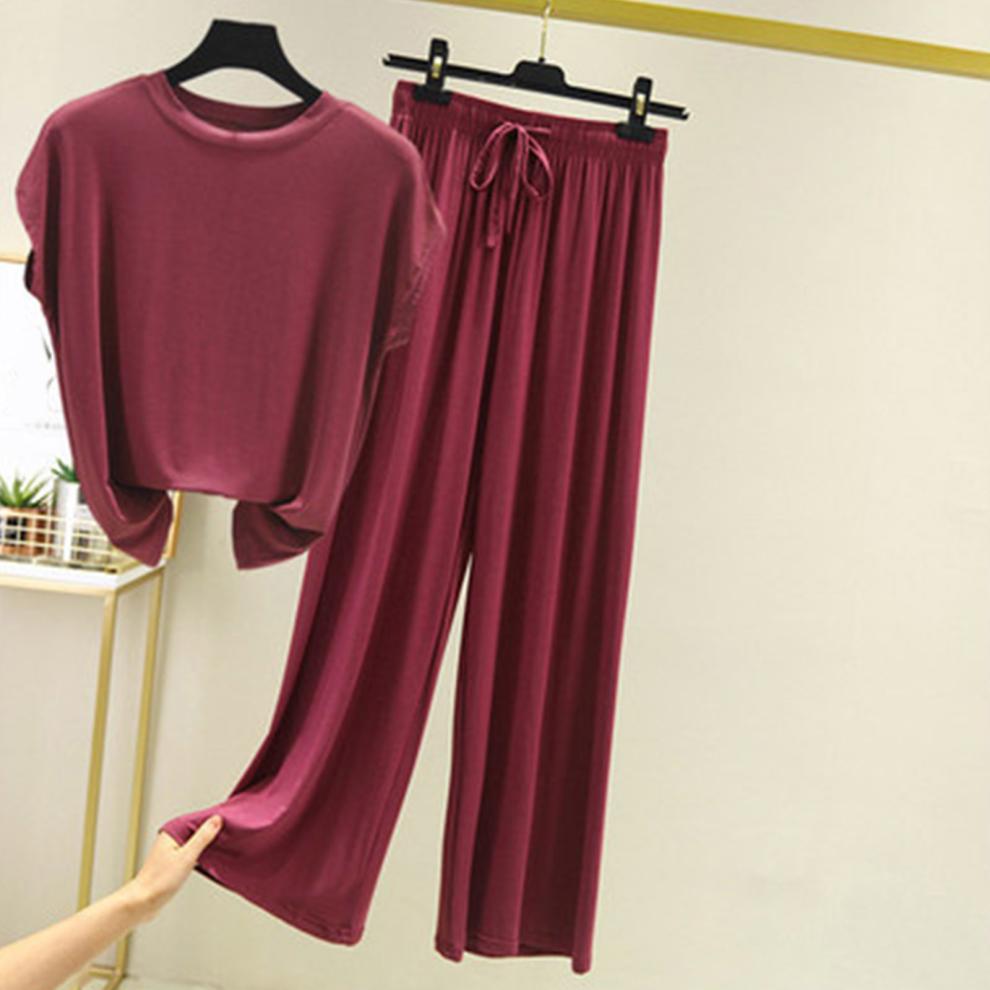 SDNall Womens Summer Slim Oversized Casual Loose Round Neck Versatile Slimming Pajama Set