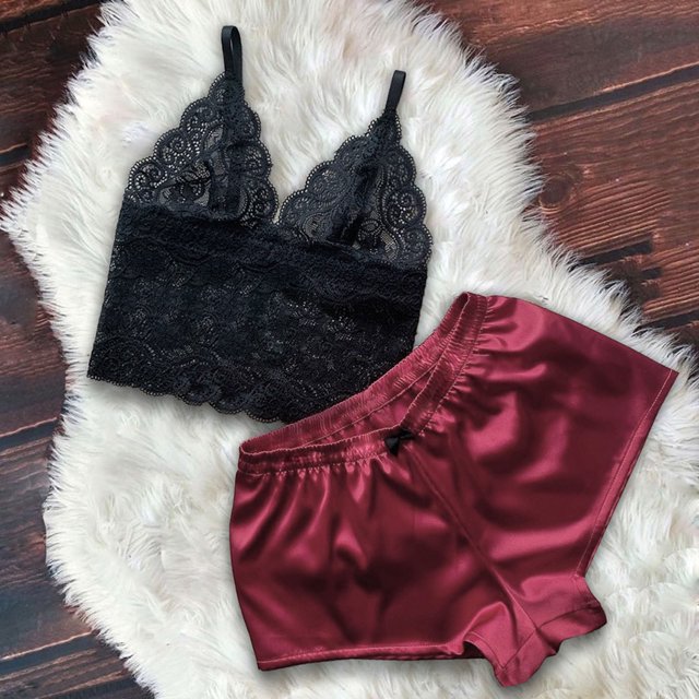 LSLJS Ensemble Deux Pièces pour Femmes en Dentelle Satinée, Camisole à Bretelles, Hauts, Shorts, Pyjama, Ensembles de Lingerie