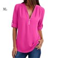 thumbnail image 1 of Haut Femme à Fermeture Éclair Manches Longues Chemisier Chemise Col en V Décontracté, Rose Rouge, TG, 1 of 2