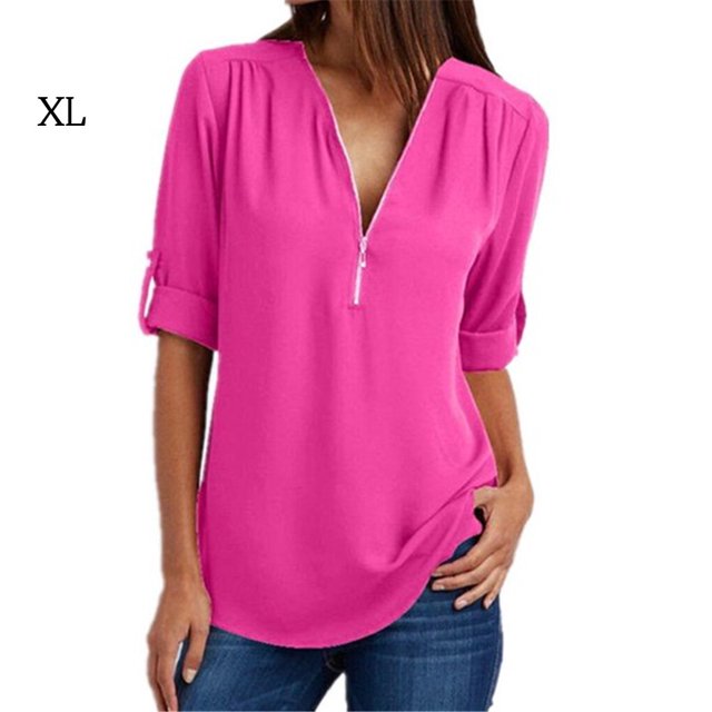 Haut Femme à Fermeture Éclair Manches Longues Chemisier Chemise Col en V Décontracté, Rose Rouge, TG