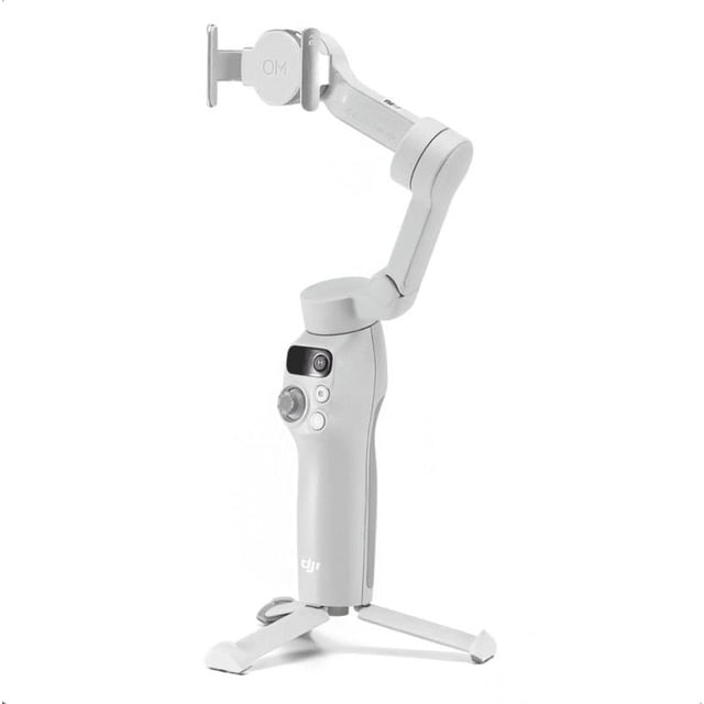 DJI OSMO Mobile 7P grey smartphone gimbal with three-axis stabilization, joystick, control buttons, built-in tripod and extension rod, featuring intelligent tracking and multifunctional module support, shown in front 3/4 view on white background.