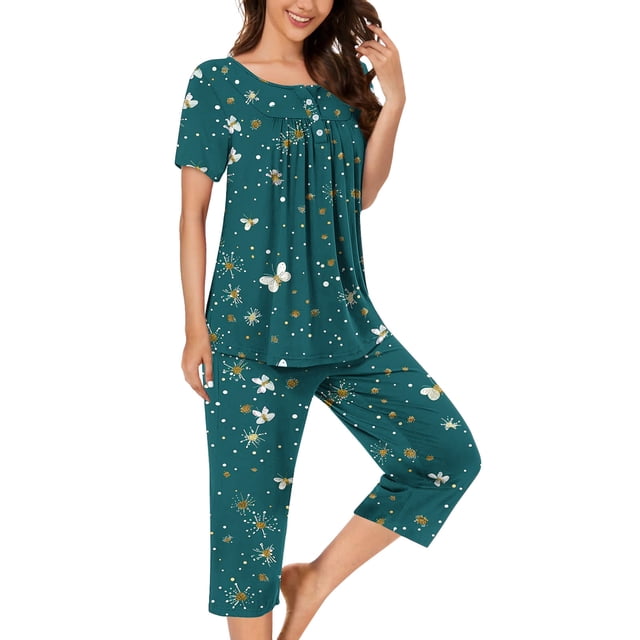 FAFWYP Ensembles de Pyjama 2 Pcs pour Femmes, Ensembles de Pyjama à Imprimé Floral, Tenue de Nuit Douce, Hauts à Manches Courtes à Col Ras du Cou et Pantalons Capri, Ensembles de Détente, P-3TG