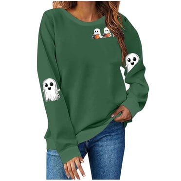 LMKIHUSA Chandails d'Halloween pour Femmes à Manches Longues Col Rond Hauts Amusants Fantôme Lisant un Livre Chandail Graphique Décontracté Mode Automne 2025 T-Shirts Vert Armée,G
