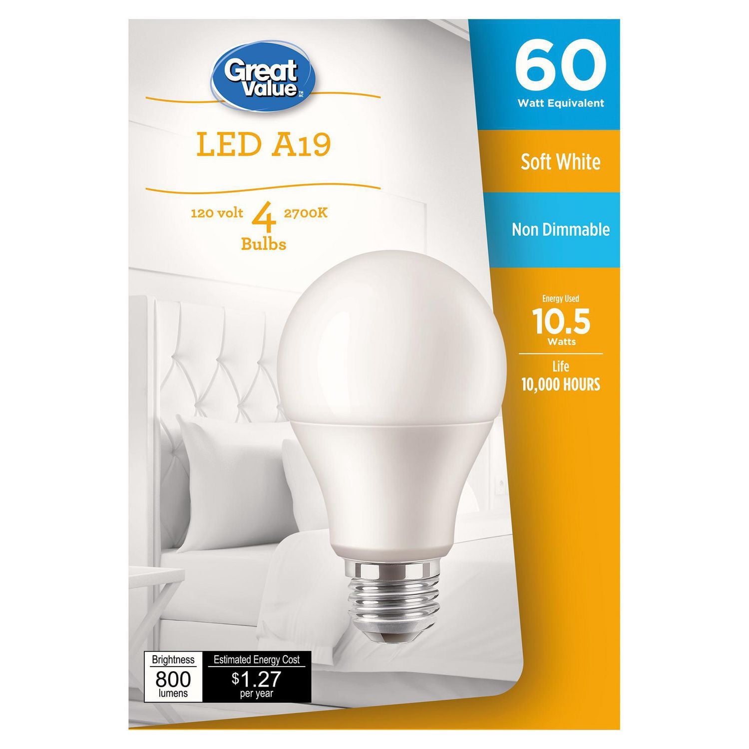 Great Value 60W A19 Soft White LED bulbs 4-pack