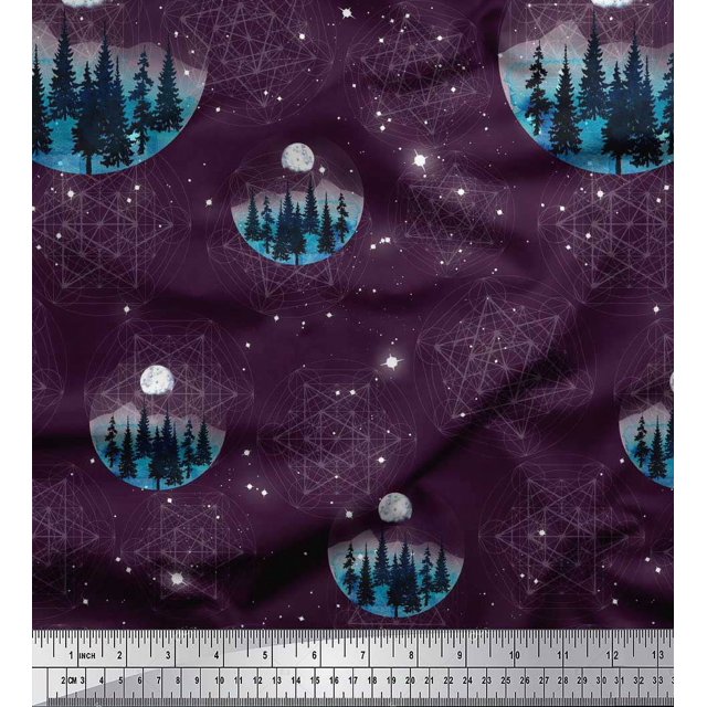 Soimoi Silk Fabric Tree,Moon & Sacred Geometry Galaxy Printed Craft Fabric by the Yard 42 Inch Wide
