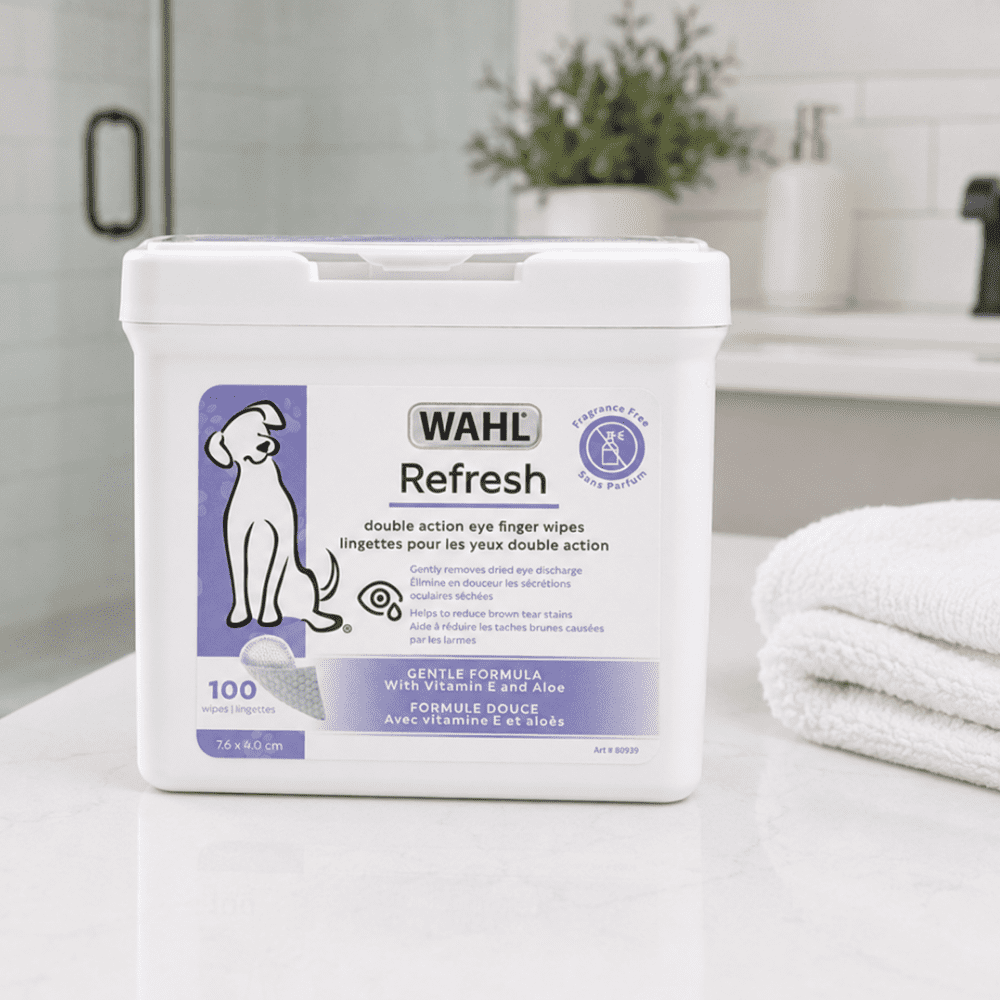 Wahl Refresh Eye Care Finger Wipes for Dogs – Dual-Sided Silicone & Soft Pearl Textures Remove Tear Stains & Debris, Fragrance-Free with Vitamin E & Aloe, Model-58557