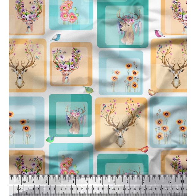 Soimoi Polyester Crepe Fabric Bird & Reindeer Face Patchwork Print Fabric by The Yard 52 Inch Wide