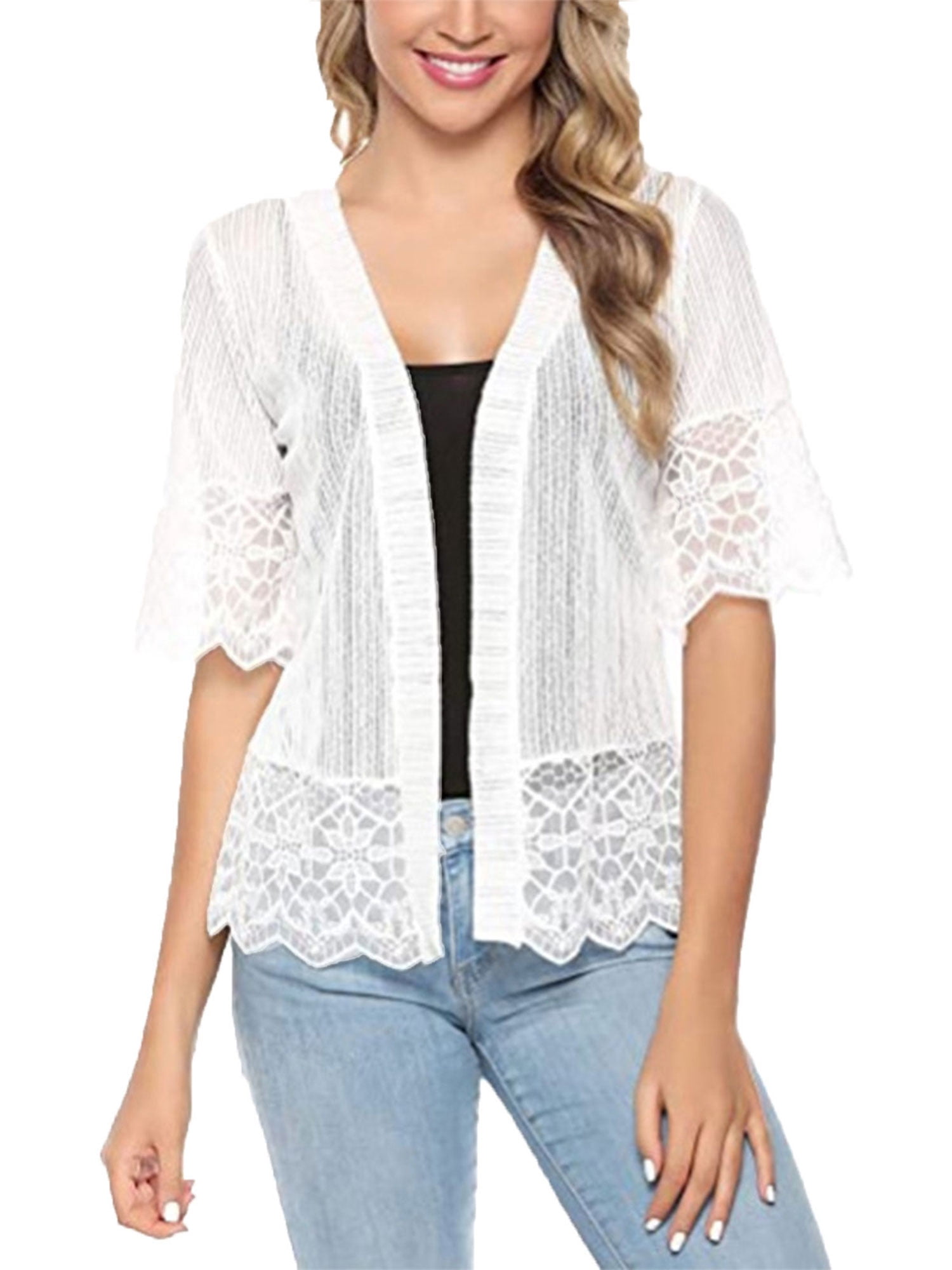 Faithtur Boléro Ouvert pour Femmes à Manches Courtes en Dentelle Patchwork Transparent, Couvre-Maillot