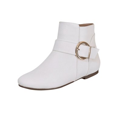 Women's Ankle Boots, Flat Heel Side Zipper Casual Boots, Comfortable Low Top Short Boots with Large Buckle, Faux Leather