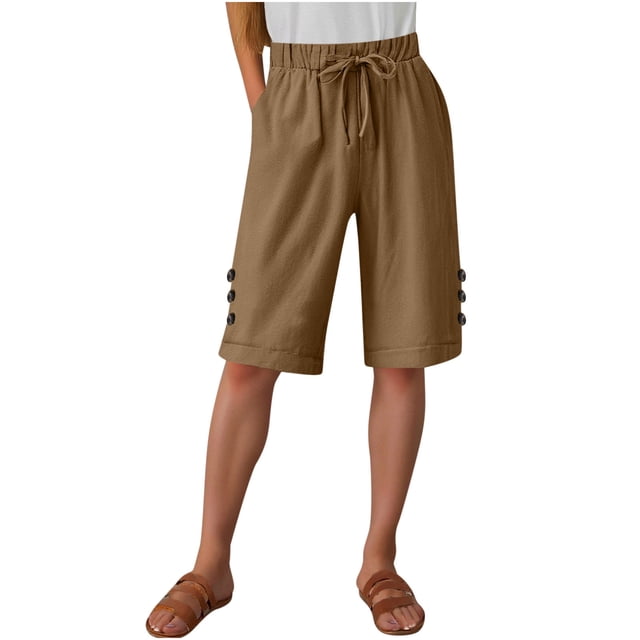 Womens Half Shorts Pants Summer Elastic Waist Buttons Casual Linen Pockets Pants