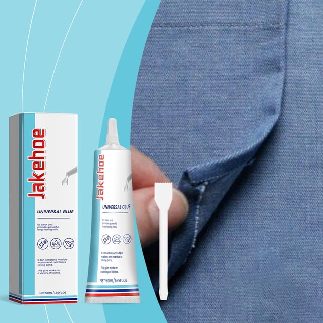 xaoyunyn Super Seamless Fabric Adhesive Patch, a multifunctional transparent liquid glue in a 50ml tube, shown with its user-friendly nozzle and included squeegee for precise application. The image highlights its clear drying formula and strong bond on fabric, suitable for repairs, crafts, DIY projects, and school use. The adhesive is safe, washable, and versatile, designed for various materials and frequent laundering.