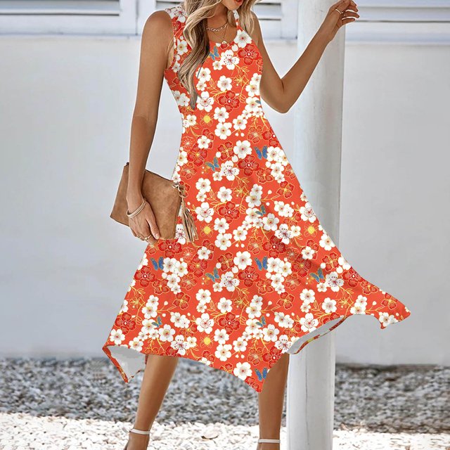 Ovzne Robes Grande Taille pour Femmes aux Formes Robe de Plage Robe pour Femmes à Imprimé Sans Manches avec Poche Ourlet Irrégulier Robe à Col Rond Robe Grande Taille Imprimée Liquidation