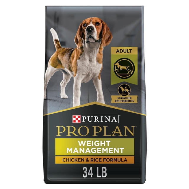 Purina Pro Plan Weight Management Chicken & Rice Formula dry dog food 34 lb bag featuring an adult beagle on the front, with labels for guaranteed live probiotics and adult dog nutrition to support healthy weight management.