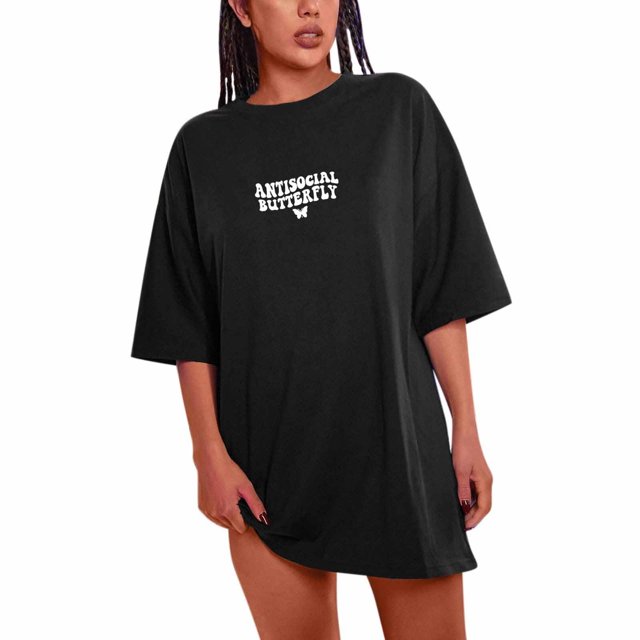 Pompotops Haut à Lettres pour Femmes, Épaules Tombantes, Imprimé Graphique, Manches Courtes, Col Rond, T-Shirt Graphique, Papillon Antisocial