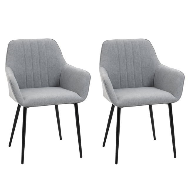 HOMCOM Ensemble de 2 Chaises de Salle à Manger, Chaises d'Appoint Rembourrées avec Pattes en Métal. Ces Chaises Gris Pâle Offrent des Sièges Rembourrés Doux Enveloppés de Tissu en Lin Respirant, des Capitons Décoratifs à Cannelures et des Dossiers Incurvés pour le Confort et le Soutien. les Pattes en Acier Offrent Stabilité et Durabilité. Dimensions : 23,4 Pouces de Large, 22,2 Pouces de Profondeur et 31,9 Pouces de Hauteur. Convient aux Espaces de Cuisine Ou de Salle à Manger. Assemblage Requis.