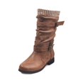 thumbnail image 1 of MAWCLOS Ladies Winter Shoes Slouch Leather Riding Boot Belt Buckle Comfort Mid-Calf Boots Round Toe Outdoor Pull On Shoe Brown 7.5, 1 of 9