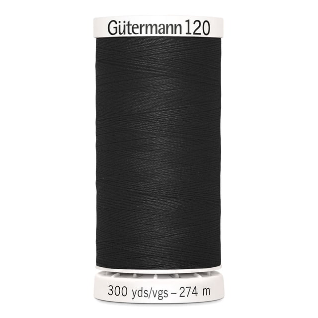Gutermann 120 Bobine de Fil à Coudre Tout Usage 100 % polyester en Noir, Enroulée Serrée sur une Canette en Plastique Blanche Étiquetée avec la Marque et la Longueur de 300 yards (274 Mètres), Convient à la Couture à la machine et à la Main de Divers Tissus, Y Compris le Coton et les Synthétiques.
