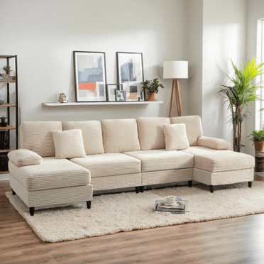 Puremind Canapé en U de 112 Pouces, Canapé 4 Places avec Doubles Méridiennes, Canapé Sectionnel en Velours Côtelé pour Salon/appartement, Beige