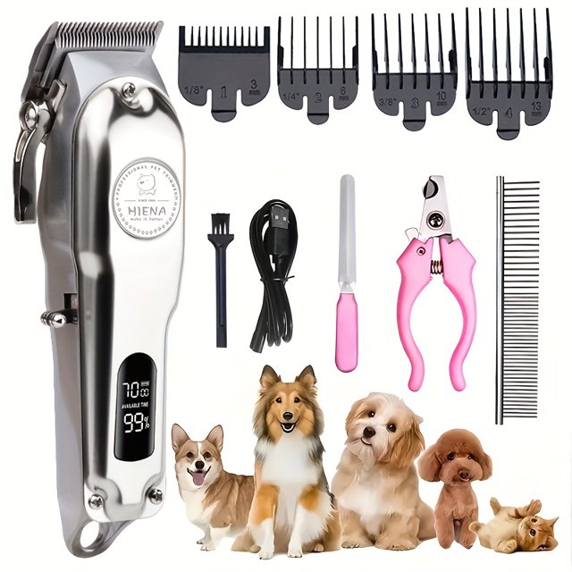 Dog Shaver Pet Grooming Clipper Skin-friendly High Power Thick Heavy Coat Blades by GRM. The set includes a rechargeable clipper with a digital display, multiple blade guards for different hair lengths, a USB charging cable, a cleaning brush, a pink nail clipper, a nail file, and a metal comb. Suitable for grooming dogs with thick or heavy coats. Features a lithium battery and USB charging for convenience.