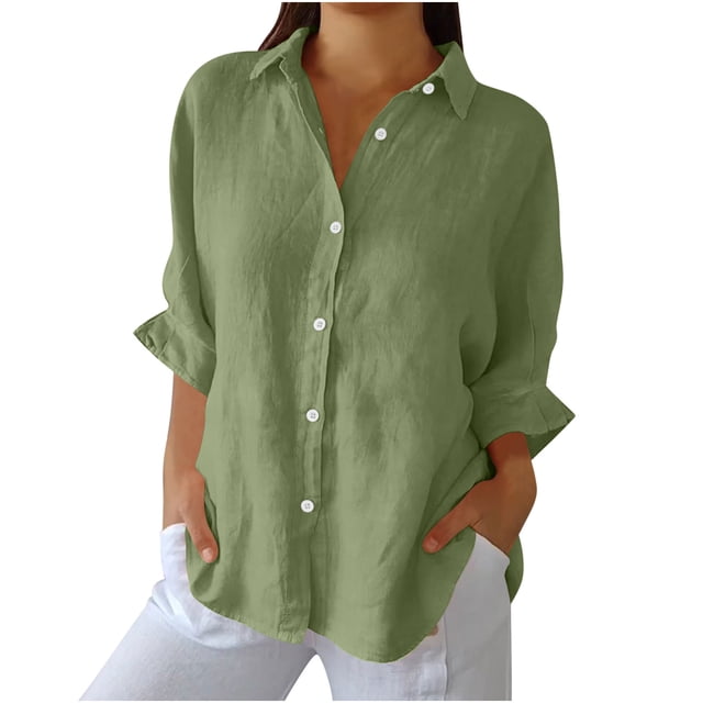 RKSTN Hauts pour Femmes Couleur Unie Coton et Lin Col Rabattu Chemises à Manches Longues Blouses Décontractées Printemps Été Polyvalentes Amples Grande Taille Hauts pour Femmes