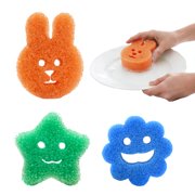 3pcs Functional Scrub Sponges Set,Scrub Sponge Cute Animal Smile Happy Household Cleaning Pads, Scratch Free