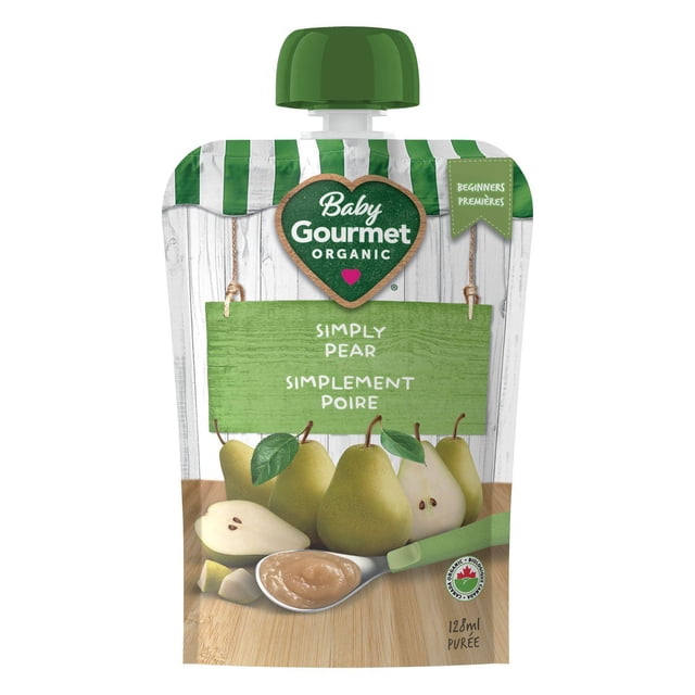 Baby Gourmet Sachet de Purée de Poires Biologique Simply avec Capuchon Vert Torsadé, Comprenant des Poires Entières et Tranchées et une Cuillère de Purée de Poires Lisse sur une surface en Bois, Étiqueté 128 ml Nourriture Biologique pour Bébé pour Débutants Solides de Départ.