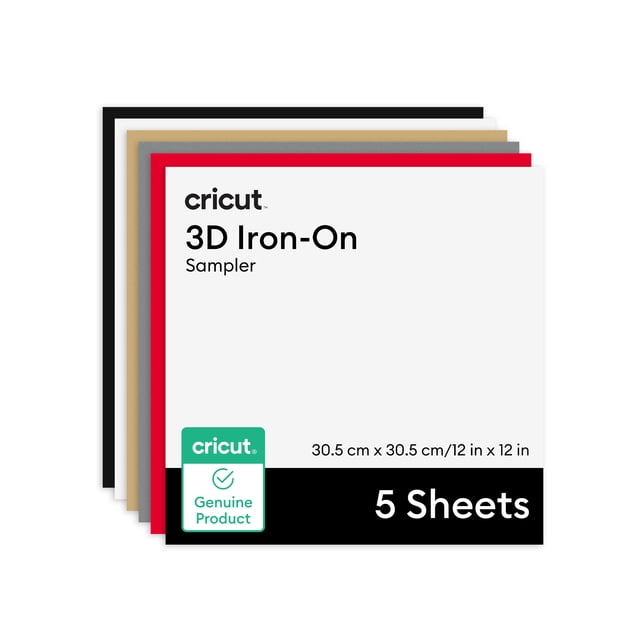 Cricut® 3D Iron-On Échantillon Audacieux avec Cinq Feuilles de 12 Po x 12 Po en Noir, Blanc, Or, Argent et Rouge, Doté d'Une Finition Mate et d'Un Effet 3D, Optimisé pour les machines de Découpe Cricut et les presses à Chaud, Convient aux Vêtements, Chapeaux et koozies.