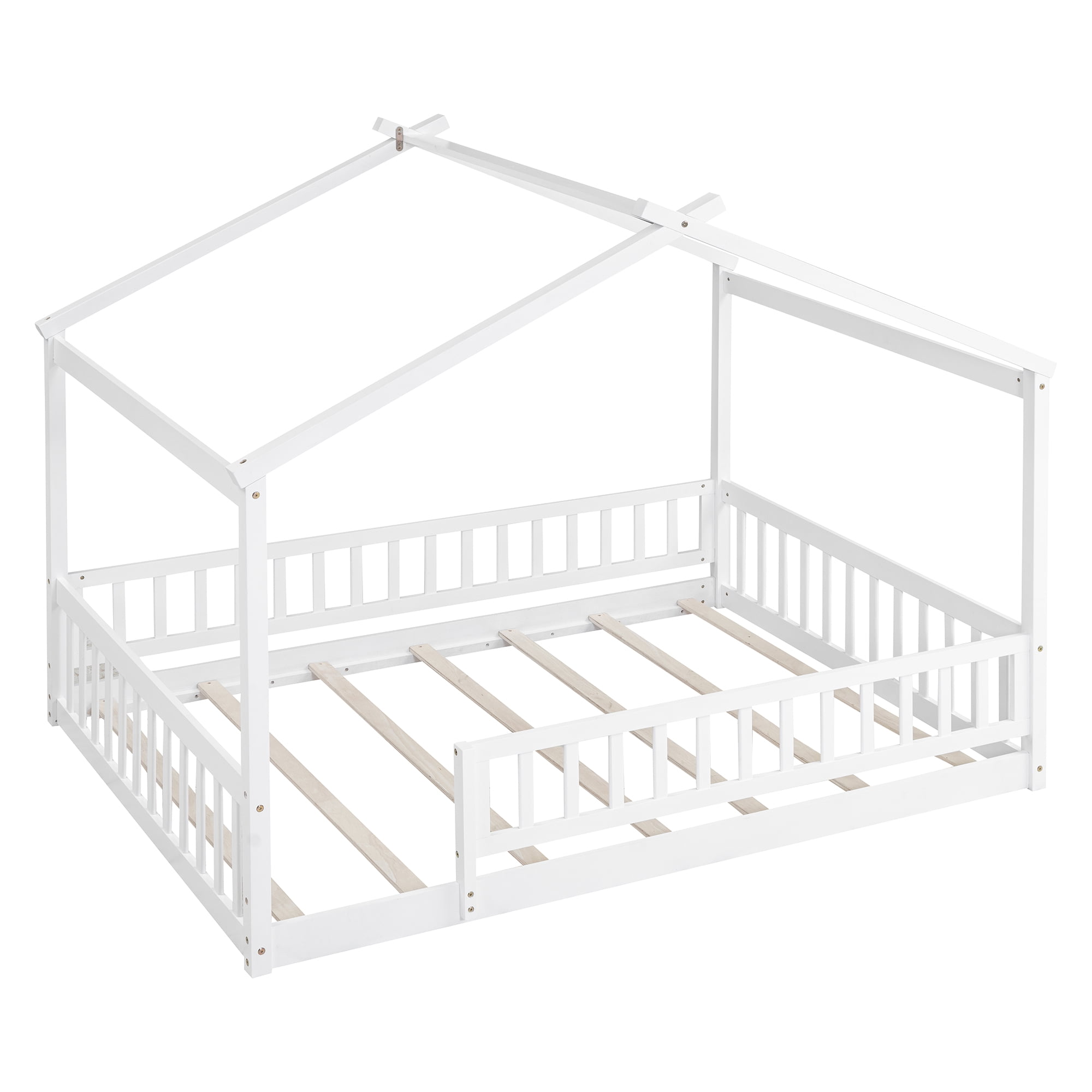Cadre de lit cabane en bois Noble House pour lit double avec clôture, blanc
