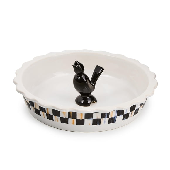 MACKENZIE-CHILDS Everyday Pie Plate with Pie Bird, Stoneware Pie Pan for Baking and Serving, Black-and-White Courtly Check