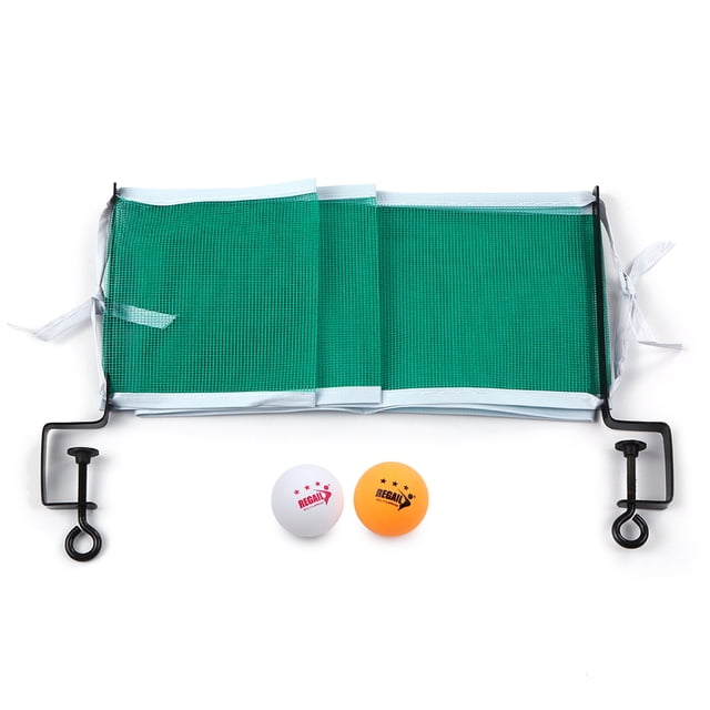 Tennis tables Ensemble de Table Filet de Tennis de Table avec 2 Balles et Poteaux de Ping-Pong. l'Ensemble Comprend un Filet en Fibre de Verre Vert Mesurant 160 x 13,5 cm, Deux Poteaux en Alliage de Fer, et Deux Balles de Ping-Pong, une Blanche et une orange, de Marque Regail. Idéal pour Remplacer les Vieux Filets sur les de Tennis de Table.