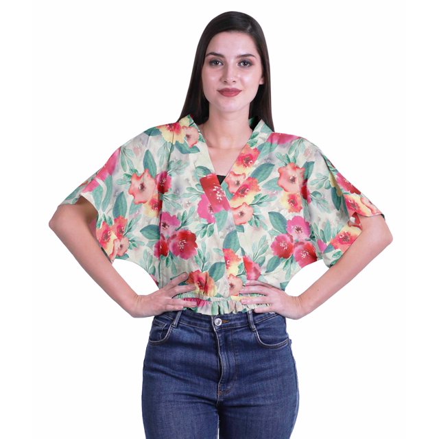 Moomaya Hauts à Manches Boxy Imprimés pour Femmes, Col en V, Taille Élastique, Kimono