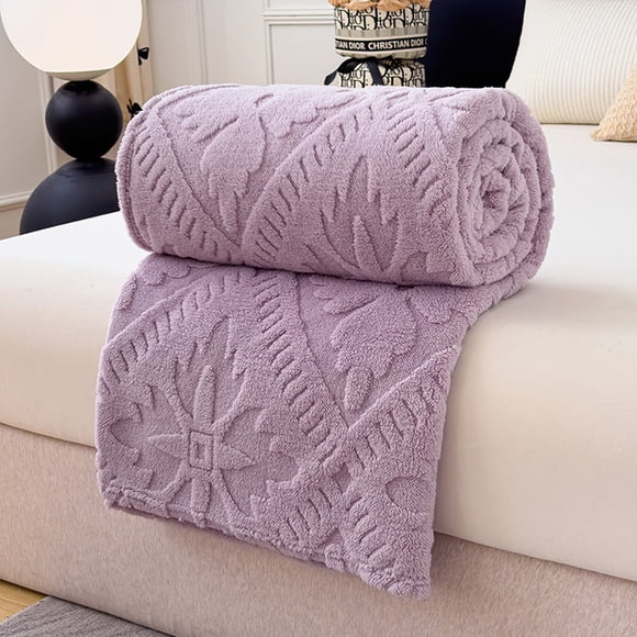 Soft Warm Fleece Blanket for Winter, Cozy Nap Air Conditioning Throw with Striped Detail, Portable Bed Cover Sofa Blanket in Multiple Colors, Purple
